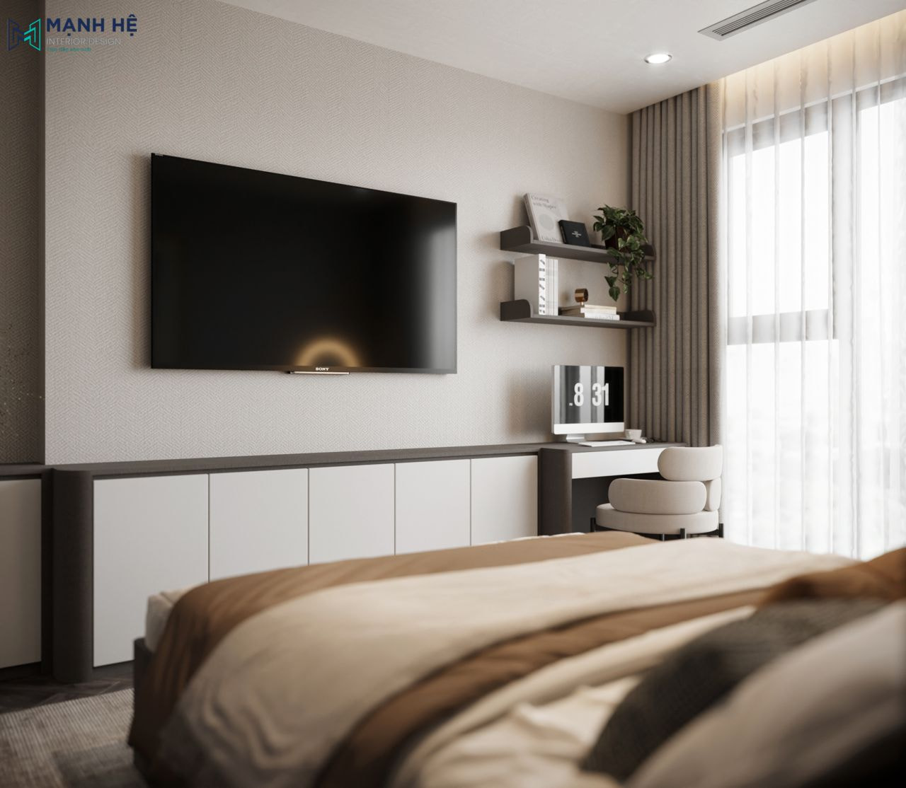Kệ tivi treo tường có màu xám đồng bộ với căn phòng và được thiết kế liền mạch với bàn học