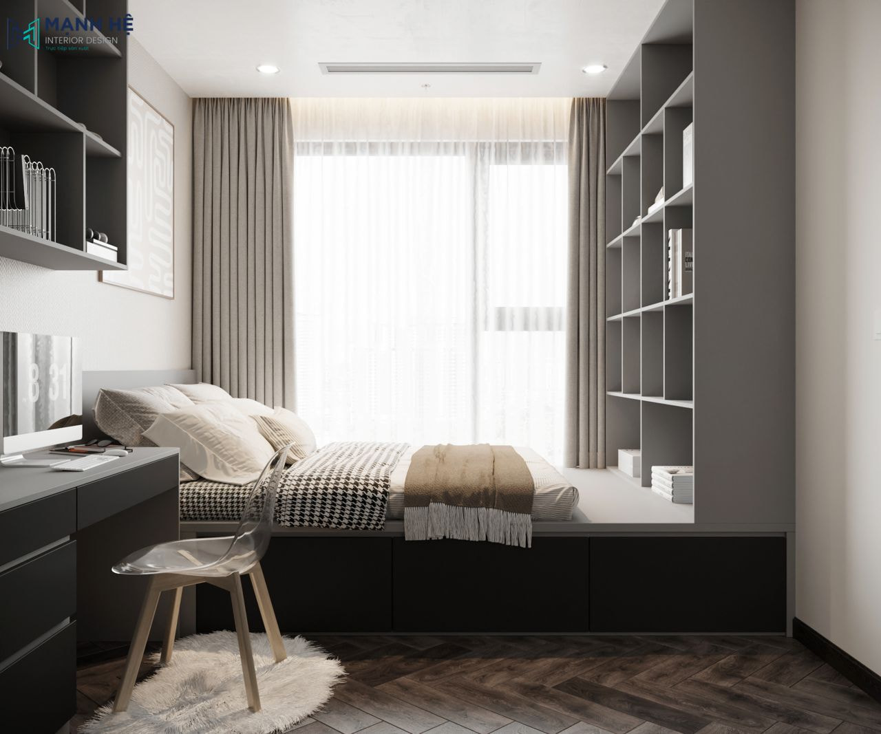 Thiết kế giường ngủ dạng bục liền kệ trang trí và tích hợp các ngăn kéo đựng đồ thích hợp cho không gian phòng nhỏ