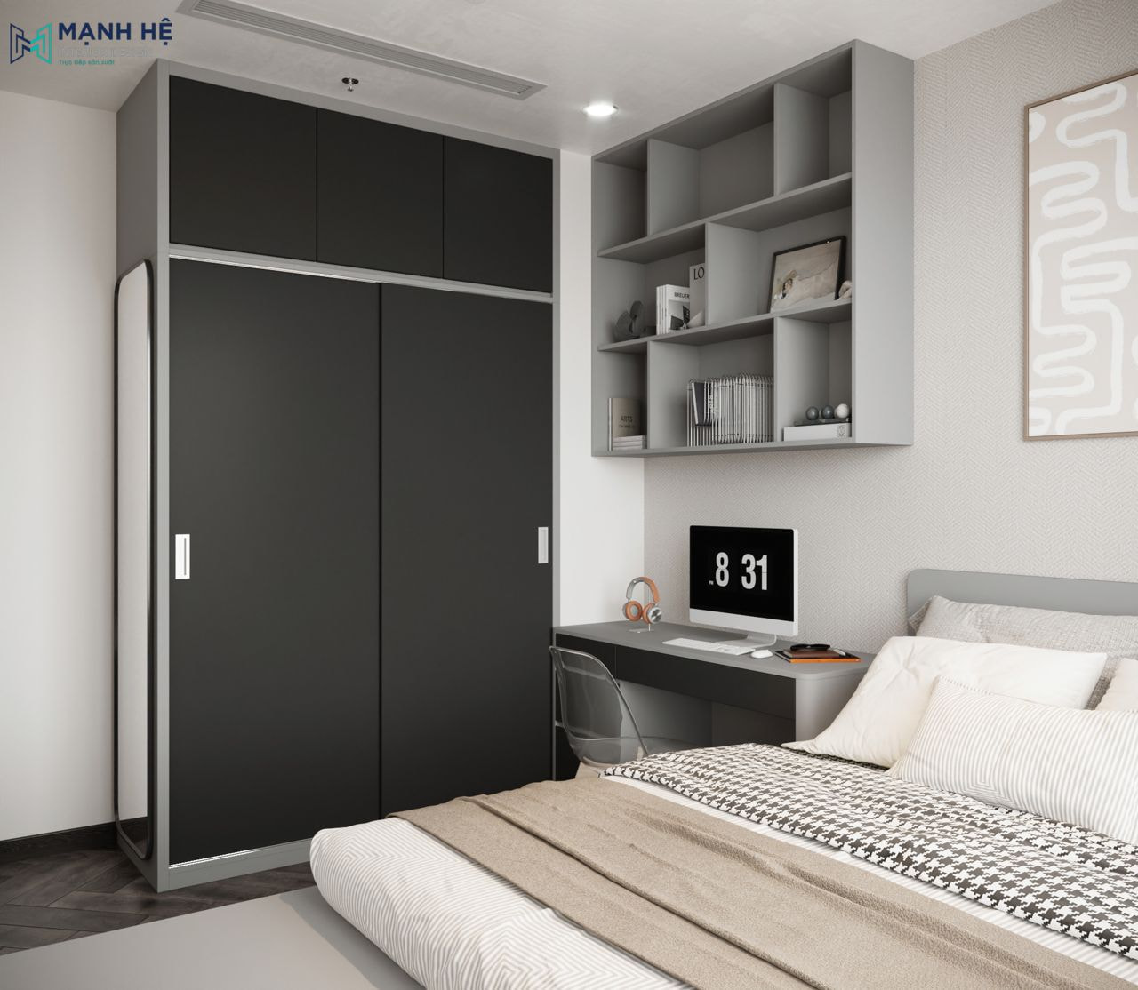Hệ tủ quần áo cao đụng trần tích hợp gương treo được thiết kế đồng bộ với màu sắc của căn phòng