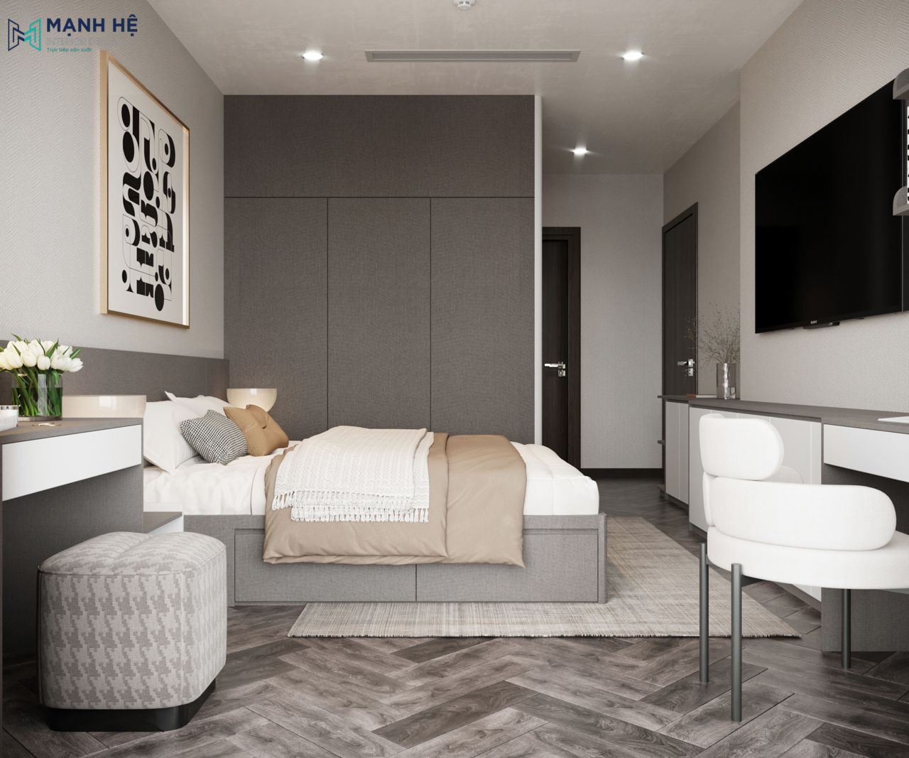 Bố trí giường ngủ tích hợp các hộc tủ và hệ tủ quần áo kịch trần giúp phân chia không gian phòng ngủ với phòng thay đồ