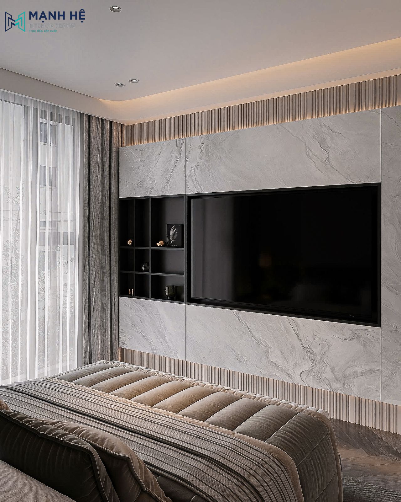 Kệ tivi âm tường với vách ốp mặt đá tinh tế, sang trọng, tích hợp đèn led chạy ngang tạo nên một không gian hiện đại ấn tượng