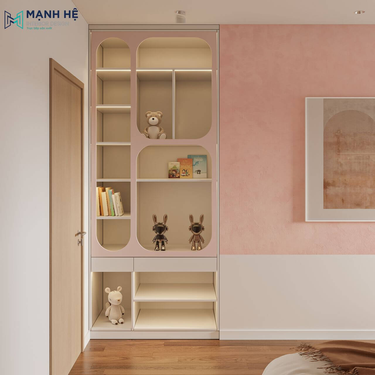 Thiết kế kệ tủ trang trí âm tường màu hồng - trắng dễ thương, kết hợp chạy đèn là ấn tượng