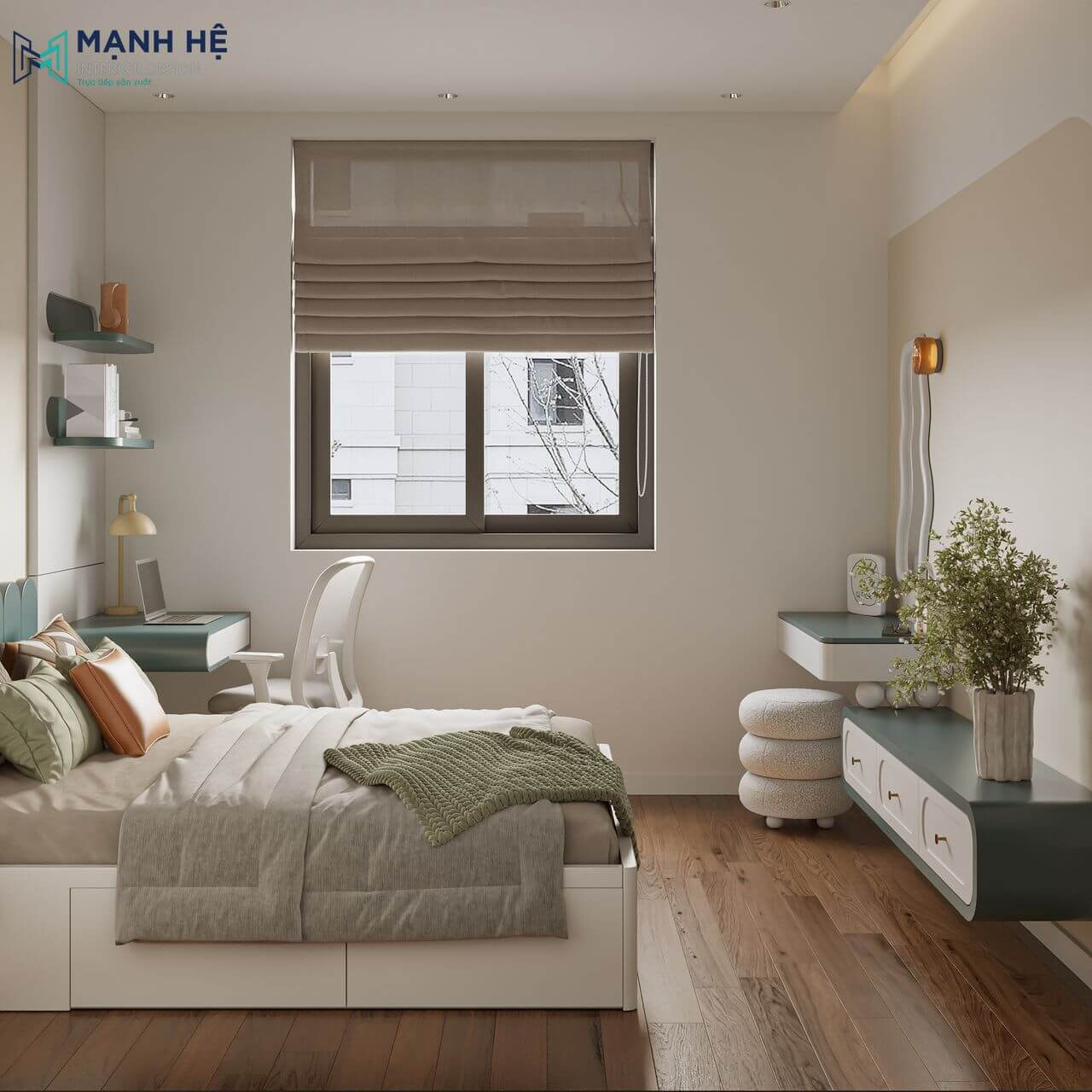 Giường bục sơn trắng có ngăn kéo trữ đồ dưới gầm giường tiện nghi
