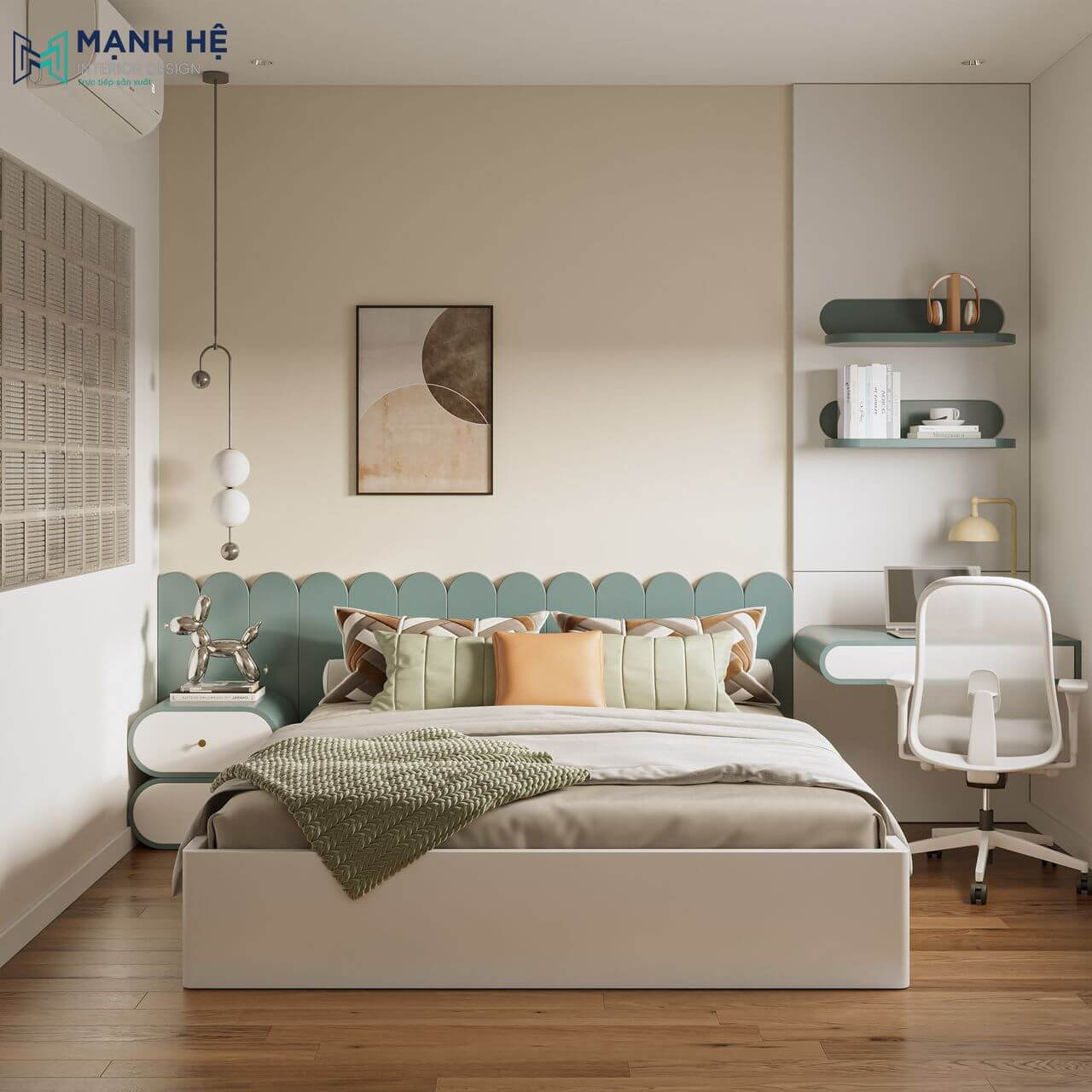 Phòng ngủ với gam màu trung tính nhẹ nhàng, điểm xuyến sắc xanh lạ mắt, kết hợp trang trí tranh treo tường