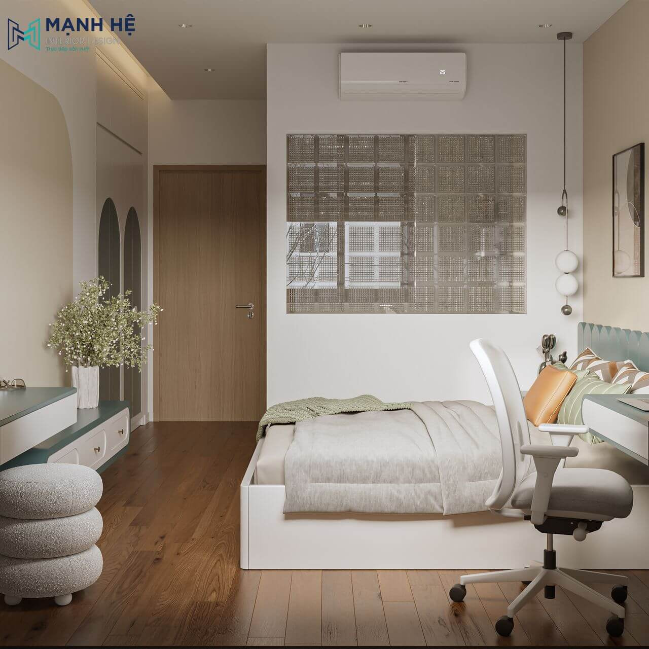 Tủ quần áo âm tường giúp tối ưu diện tích phòng ngủ, kết hợp hệ thống đèn điện âm trần