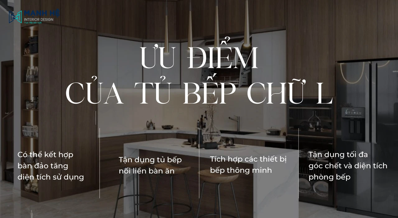 Tủ bếp chữ L giúp tận dụng tối đa diện tích và mọi góc chết trong gian bếp