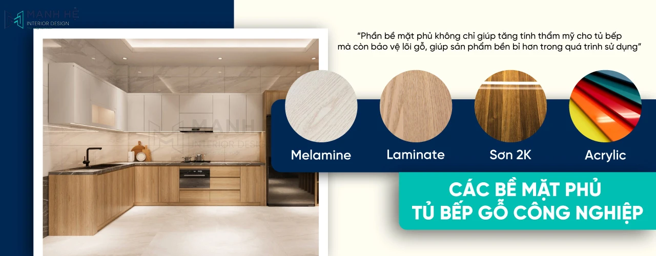 Các loại bề mặt phủ tủ bếp gỗ công nghiệp đang được ưa chuộng