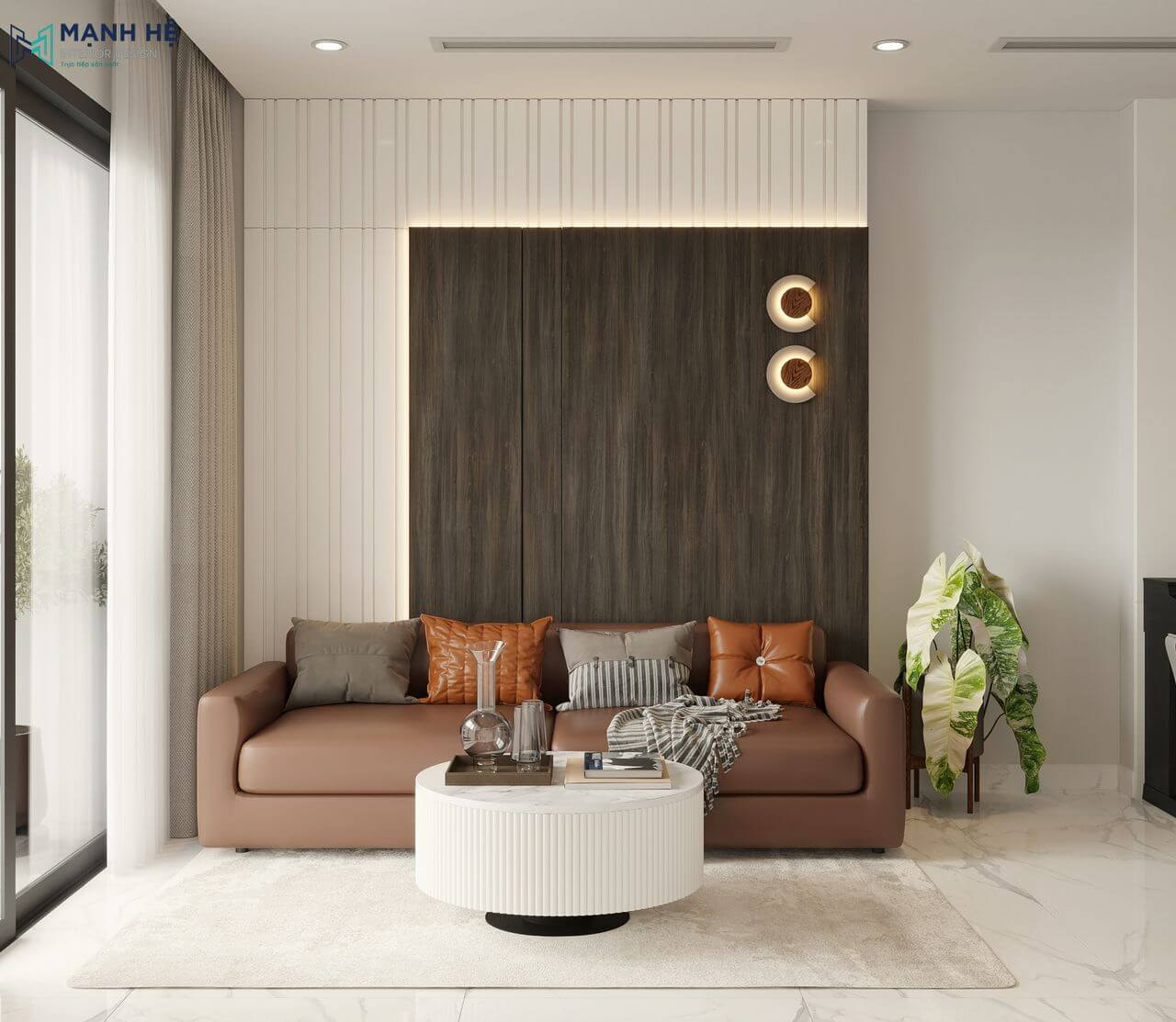 Vách ốp sau sofa được thiết kế kế bằng gỗ công nghiệp với 2 tông màu sáng tối đối lập độc đáo