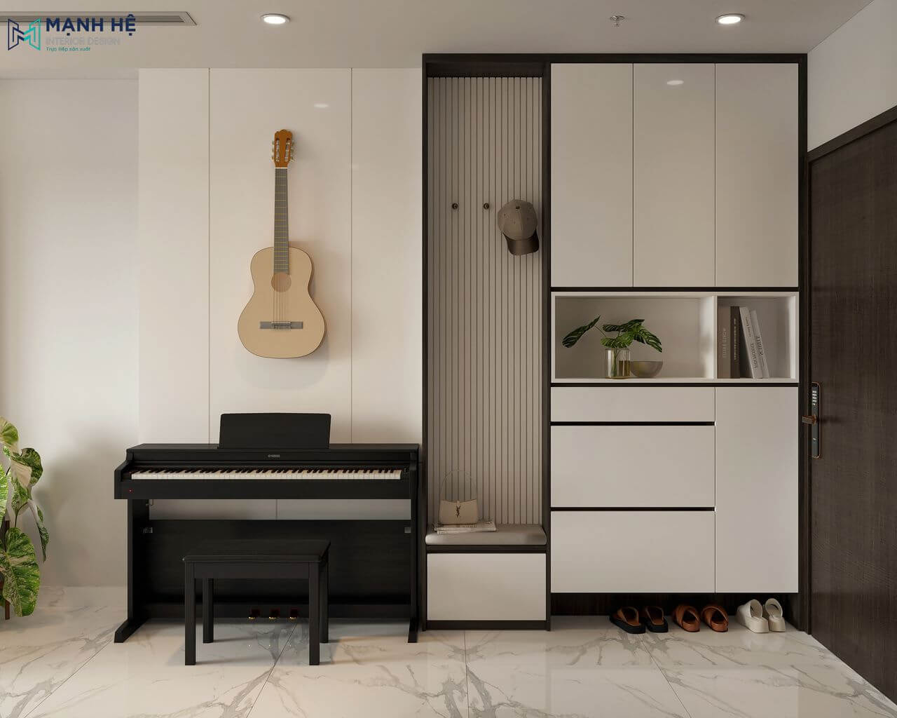 Bố trí kệ tủ giày kết hợp bục bên ngồi tiện nghi ngay lối ra vào căn hộ, trang trí thêm đàn piano để tạo nên một không gian sống động và thể hiện cá tính của gia chủ.