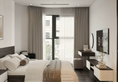 Thiết kế bàn trang điểm và kệ tivi dạng treo giúp tối ưu diện tích không gian phòng ngủ, hệ rèm cửa 2 lớp giúp tối ưu ánh sáng tự nhiên cho căn phòng