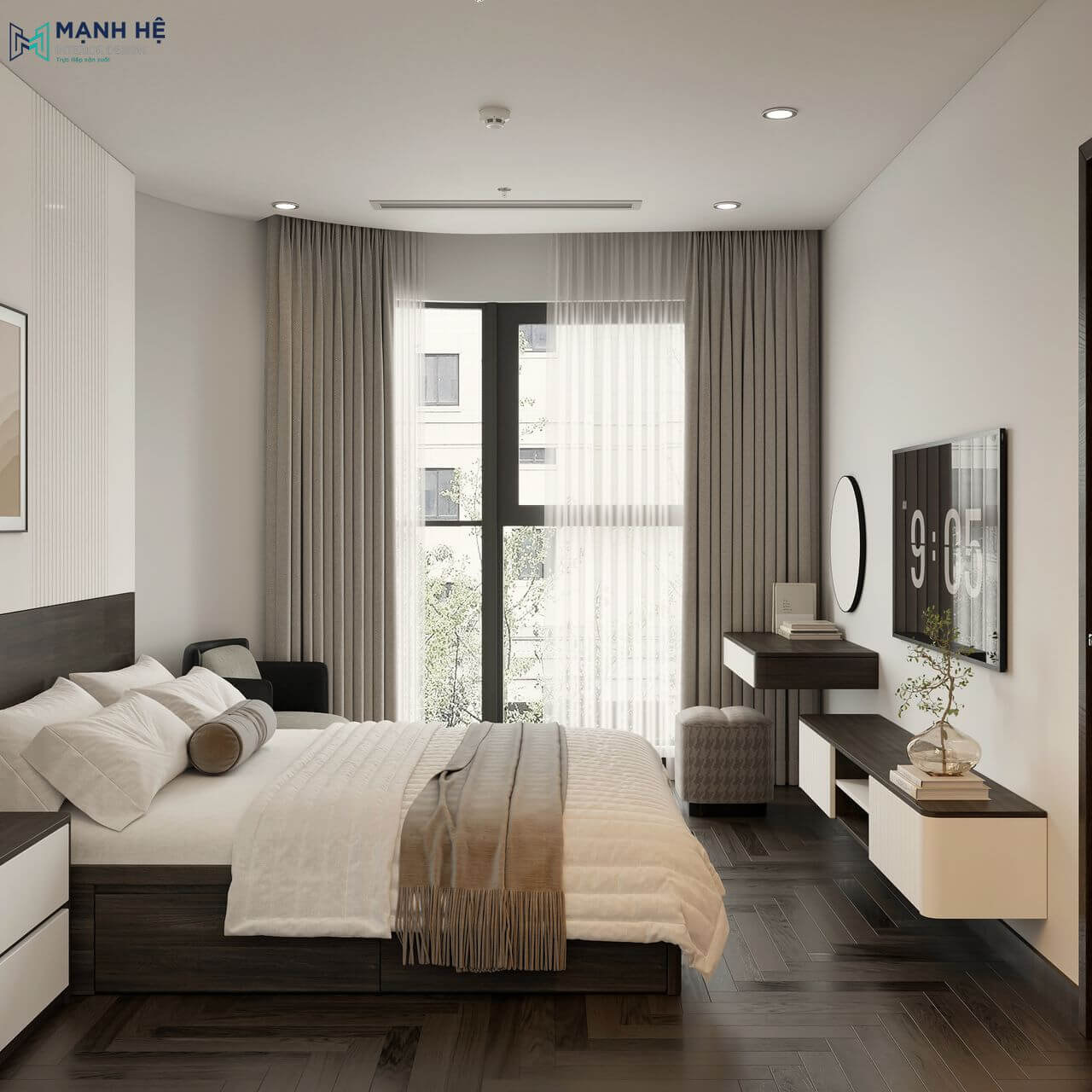 Thiết kế bàn trang điểm và kệ tivi dạng treo giúp tối ưu diện tích không gian phòng ngủ, hệ rèm cửa 2 lớp giúp tối ưu ánh sáng tự nhiên cho căn phòng