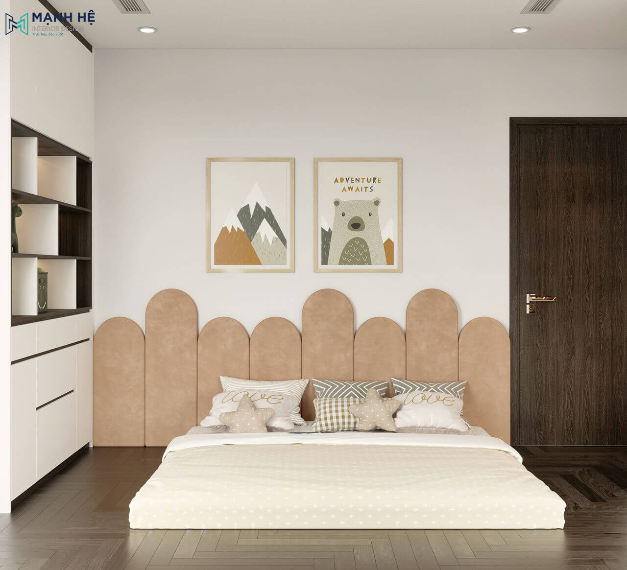 Thiết kế phòng ngủ 2 với gam màu trung tính nhã nhặn phù hợp cho phòng ngủ của bé, kết hợp trang trí tranh treo hoạt hình dễ thương cho bé thêm yêu phòng ngủ