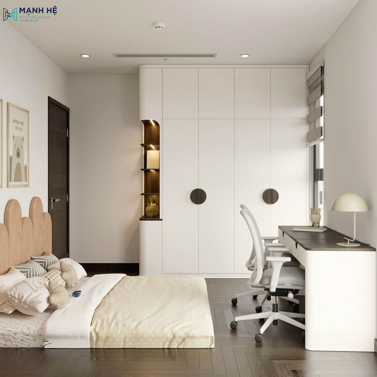 Hệ tủ quần áo kịch trần được bo tròn cạnh bên tích hợp kệ trang trí tiện nghi. Tay nắm tủ được thiết kế hình tròn đáng yêu phù hợp với trẻ nhỏ