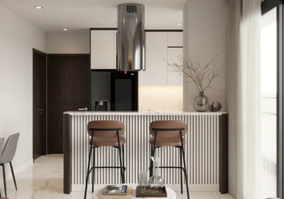 Thiết kế quầy bar như một vách ngăn phân chia không gian bếp và phòng khách một cách tinh tế, với mặt bàn được ốp đá marble sang trong