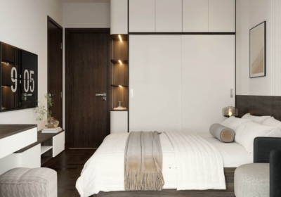Tủ quần áo kịch trần cánh trượt hiện đại, tích hợp kệ trang trí bo cong đẹp mắt, nổi bật với đèn led âm tủ tạo hiệu ứng ánh sáng đẹp mắt và giúp bạn dễ dàng tìm kiếm đồ đạc