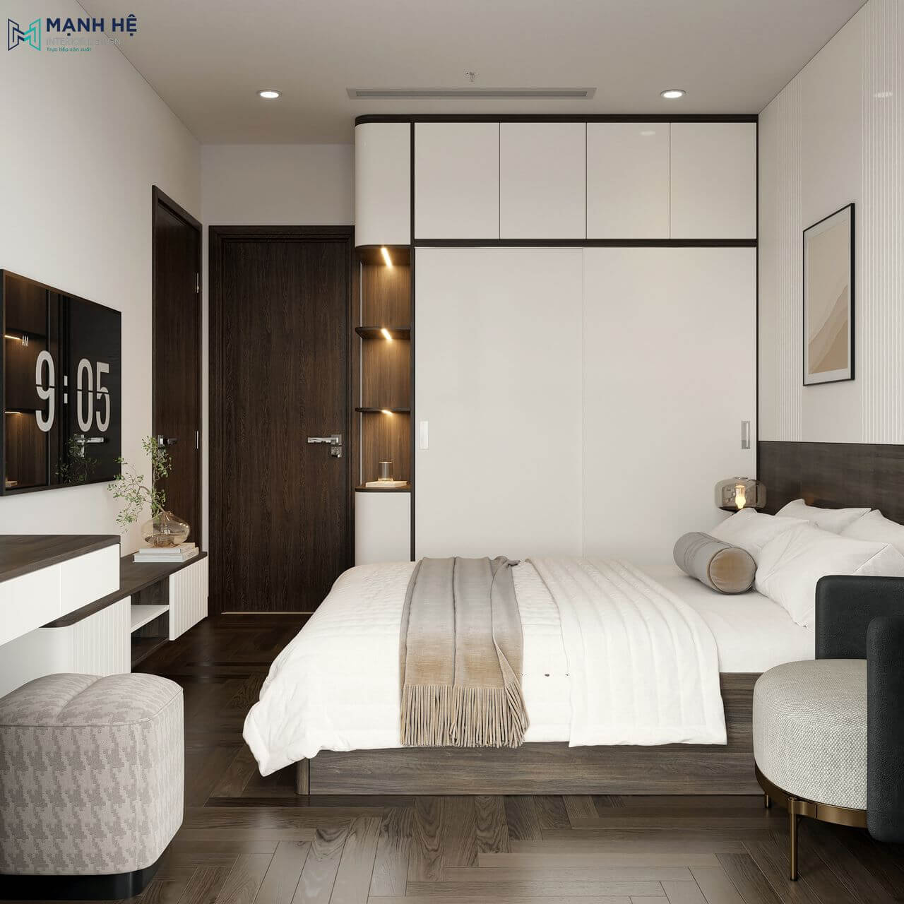 Tủ quần áo kịch trần cánh trượt hiện đại, tích hợp kệ trang trí bo cong đẹp mắt, nổi bật với đèn led âm tủ tạo hiệu ứng ánh sáng đẹp mắt và giúp bạn dễ dàng tìm kiếm đồ đạc