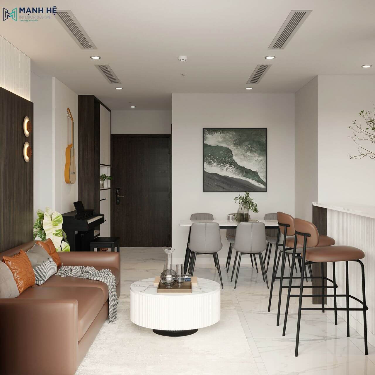 Tổng quan phòng khách sang trọng và hiện đại với tông màu trắng tinh tế, cùng hệ thống đèn led âm trần