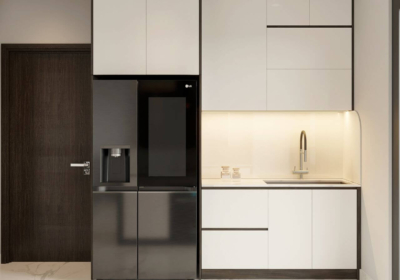 Tủ bếp kịch trần với nhiều ngăn kéo và kệ, giúp gia chủ dễ dàng sắp xếp đồ dùng nhà bếp, tích hợp thêm đèn led cho tủ bếp thêm phần sáng sủa và nổi bật hơn