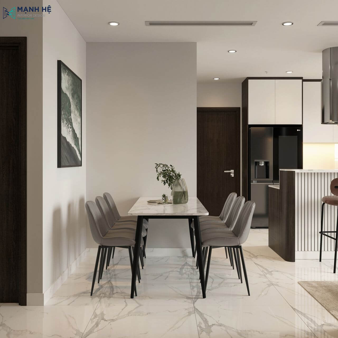 Bộ bàn ăn 6 ghế, với ghế bọc da màu trung tính, mang lại sự thoải mái tối đa cho các bữa cơm gia đình