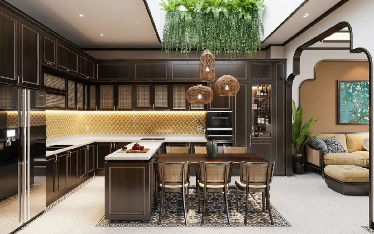 Mẫu phòng bếp Indochine nhà phố mang vẻ đẹp quyến rũ và đầy cuốn hút và tủ bếp được thiết kế theo dạng chữ L giúp tối ưu không gian