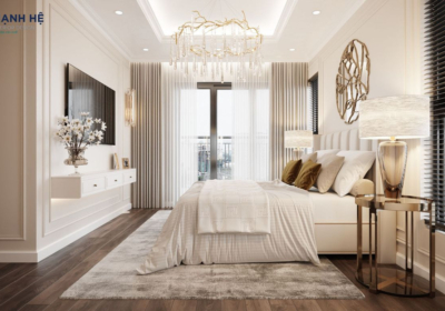 Phòng ngủ sử dụng gam màu be chủ đạo được bố trí cửa lớn tích hợp hệ rèm cửa 2 lớp
