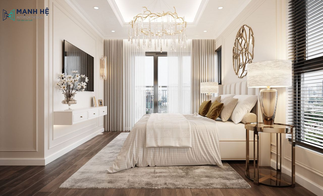 Phòng ngủ sử dụng gam màu be chủ đạo được bố trí cửa lớn tích hợp hệ rèm cửa 2 lớp