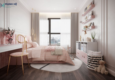 Thiết kế bàn học liền mạch với vách giường cho phòng ngủ bé gái và cửa sổ lớn tích hợp rèm 2 lớp