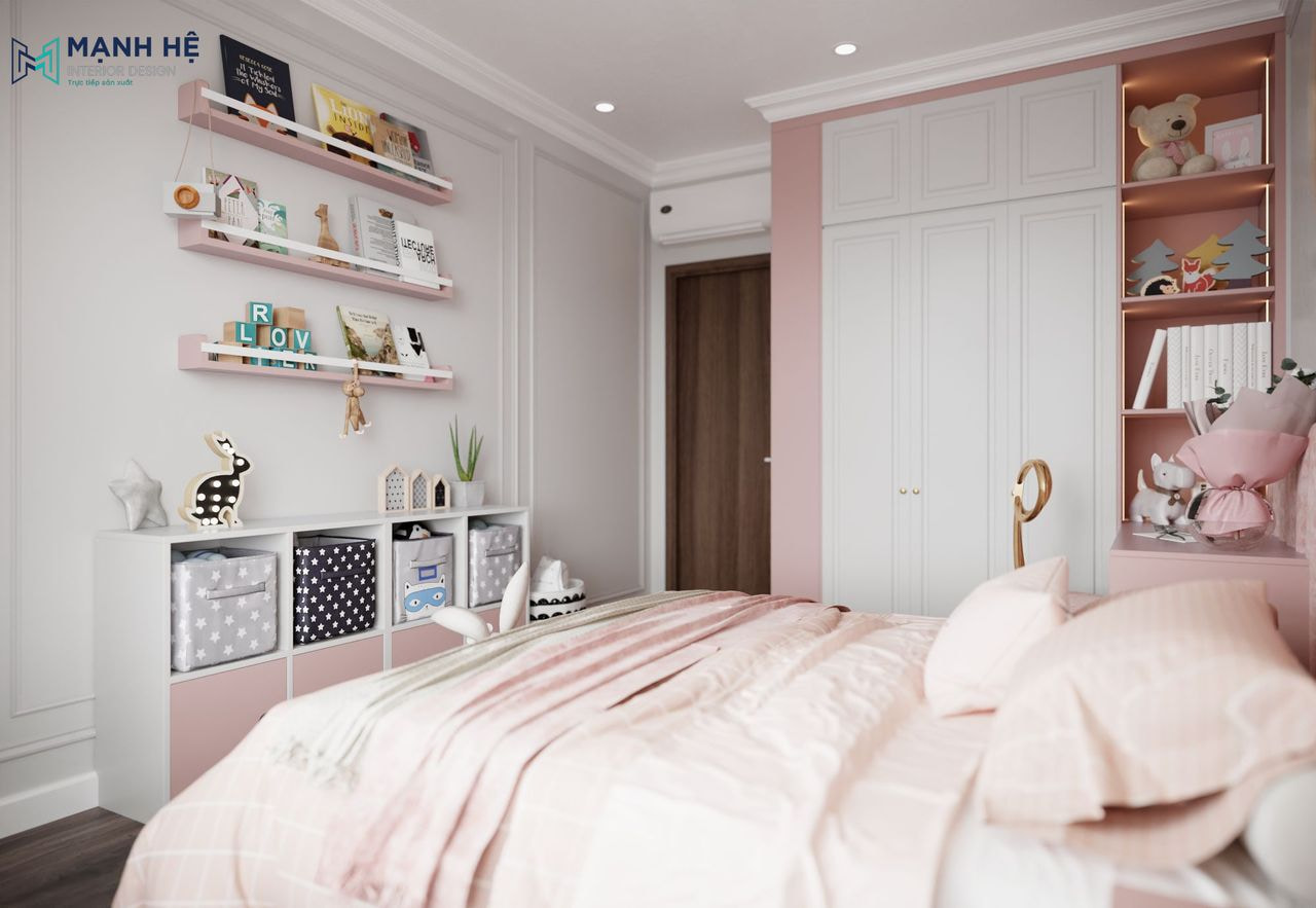 Thiết kế tủ quần áo tích hợp kệ trang trí trong phòng ngủ bé gái với gam hồng và trắng chủ đạo