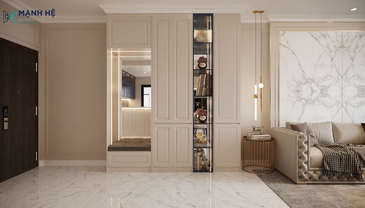 Thiết kế tủ giày thông minh tích hợp kệ trang trí và bục ngồi được bố trí đèn led và gương