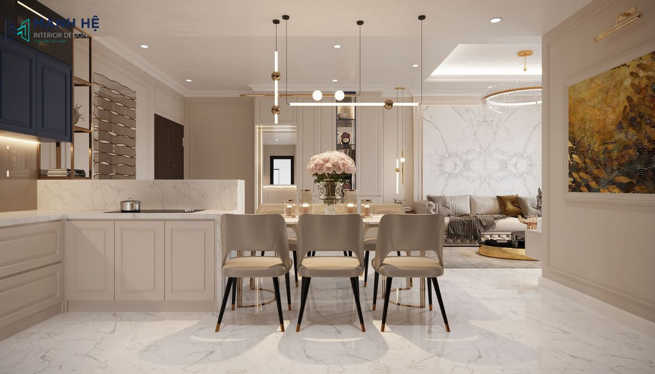 Bàn ăn 6 chỗ được bố trí liền mạch với tủ bếp nổi bật với đèn thả trần độc đáo