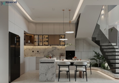 Mẫu thiết kế bếp nhà ống hiện đại mang vẻ đẹp thanh lịch, sang trọng với gam màu trung tính chủ đạo và cạnh bếp được trang trí thêm tiểu cảnh giúp không gian trở nên sinh động hơn