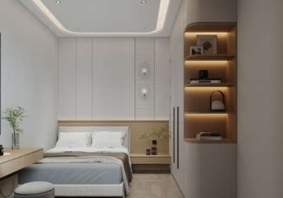 Mẫu thiết kế phòng ngủ cho nhà ống mang vẻ đẹp nhẹ nhàng với gam màu trắng chủ đạo và có thêm tủ quần áo tích hợp kệ đứng vô cùng tiện nghi