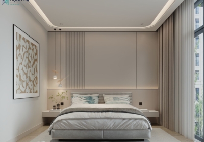 Mẫu thiết kế phòng ngủ cho nhà ống đầy vẻ cuốn hút và có thêm hệ tủ cánh kính làm tăng thêm sự sang trọng cho căn phòng và bố trí thêm hệ rèm 2 lớp giúp gia chủ có thể dễ dàng điều chỉnh ánh sáng theo ý thích