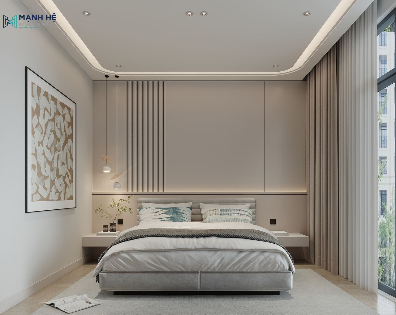 Mẫu thiết kế phòng ngủ cho nhà ống đầy vẻ cuốn hút và có thêm hệ tủ cánh kính làm tăng thêm sự sang trọng cho căn phòng và bố trí thêm hệ rèm 2 lớp giúp gia chủ có thể dễ dàng điều chỉnh ánh sáng theo ý thích