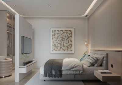 Thiết kế kệ tivi treo tường đồng thời làm vách ngăn giữa phòng ngủ và khu vực thay đồ với gam màu be chủ đạo