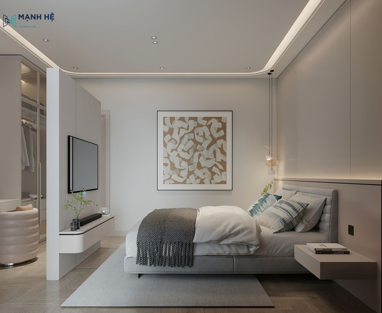 Thiết kế kệ tivi treo tường đồng thời làm vách ngăn giữa phòng ngủ và khu vực thay đồ với gam màu be chủ đạo