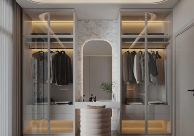 Thiết kế hệ tủ quần áo kịch trần cánh kính tích hợp đèn led liền mạch với bàn trang điểm