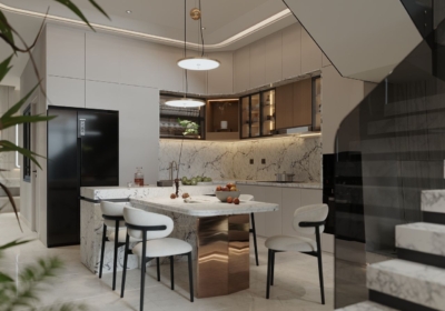 Khu vực bếp của nhà ống được thiết kế với các đường nét bo cong mềm mại tạo nên vẻ đẹp nhẹ nhàng có thêm đèn thả mang đường nét hiện đại đầy ấn tượng