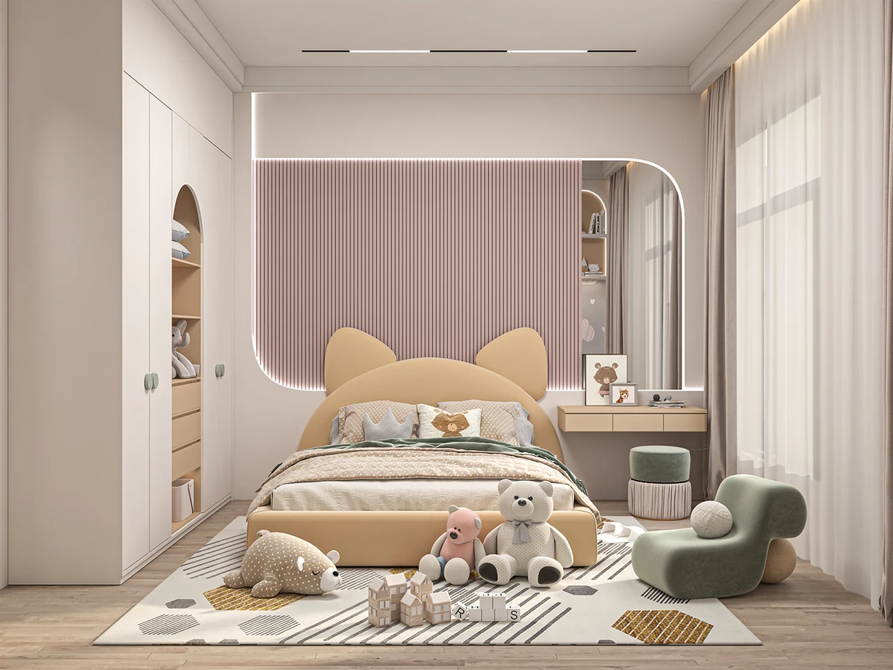 Decor phòng ngủ bé gái với đầu giường ngủ hình tai mèo kết hợp thảm trải sàn lớn và gấu bông đáng yêu 