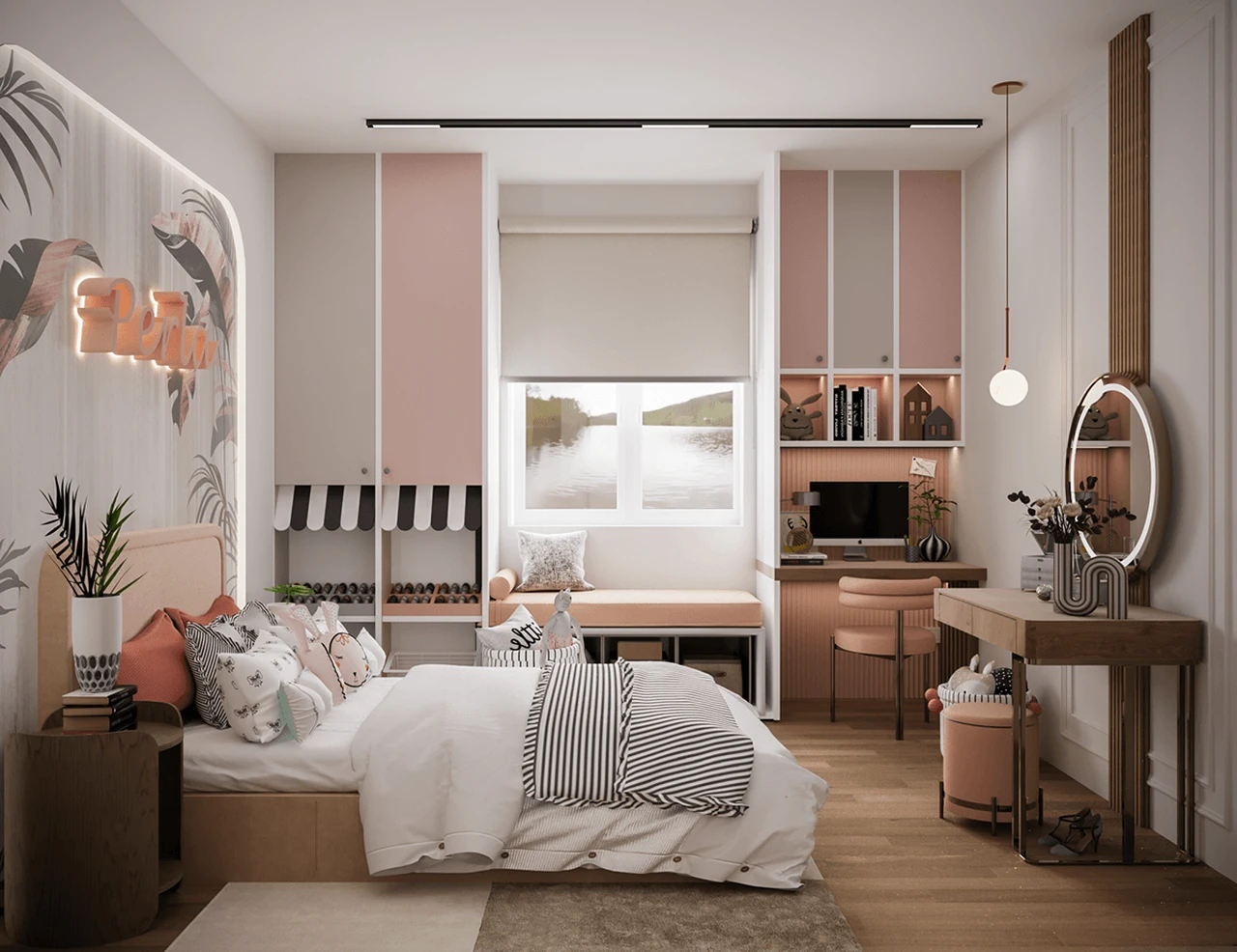 Bố trí bàn học liền mạch với bục ngồi và kệ trang trí giúp tiết kiệm diện tích phòng bé gái 