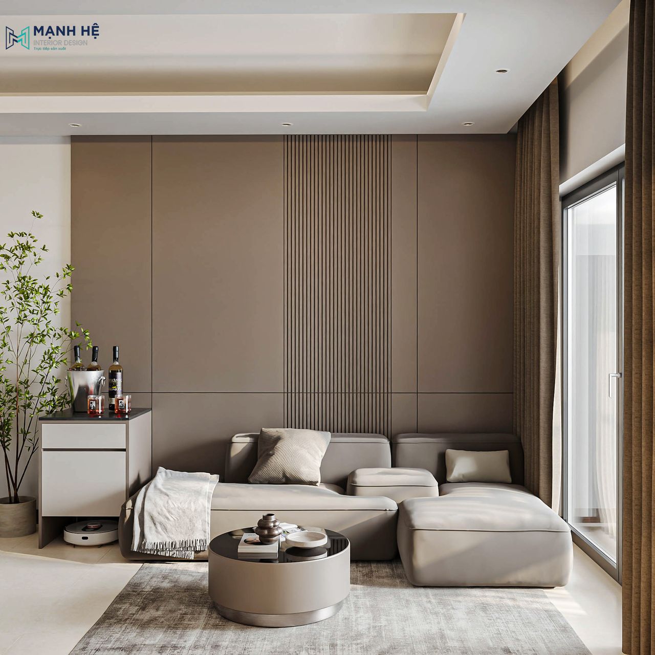 Thiết kế phòng khách hiện đại - tối giản với gam màu nâu sáng ấm cùng cùng bộ bàn ghế sofa sang trọng