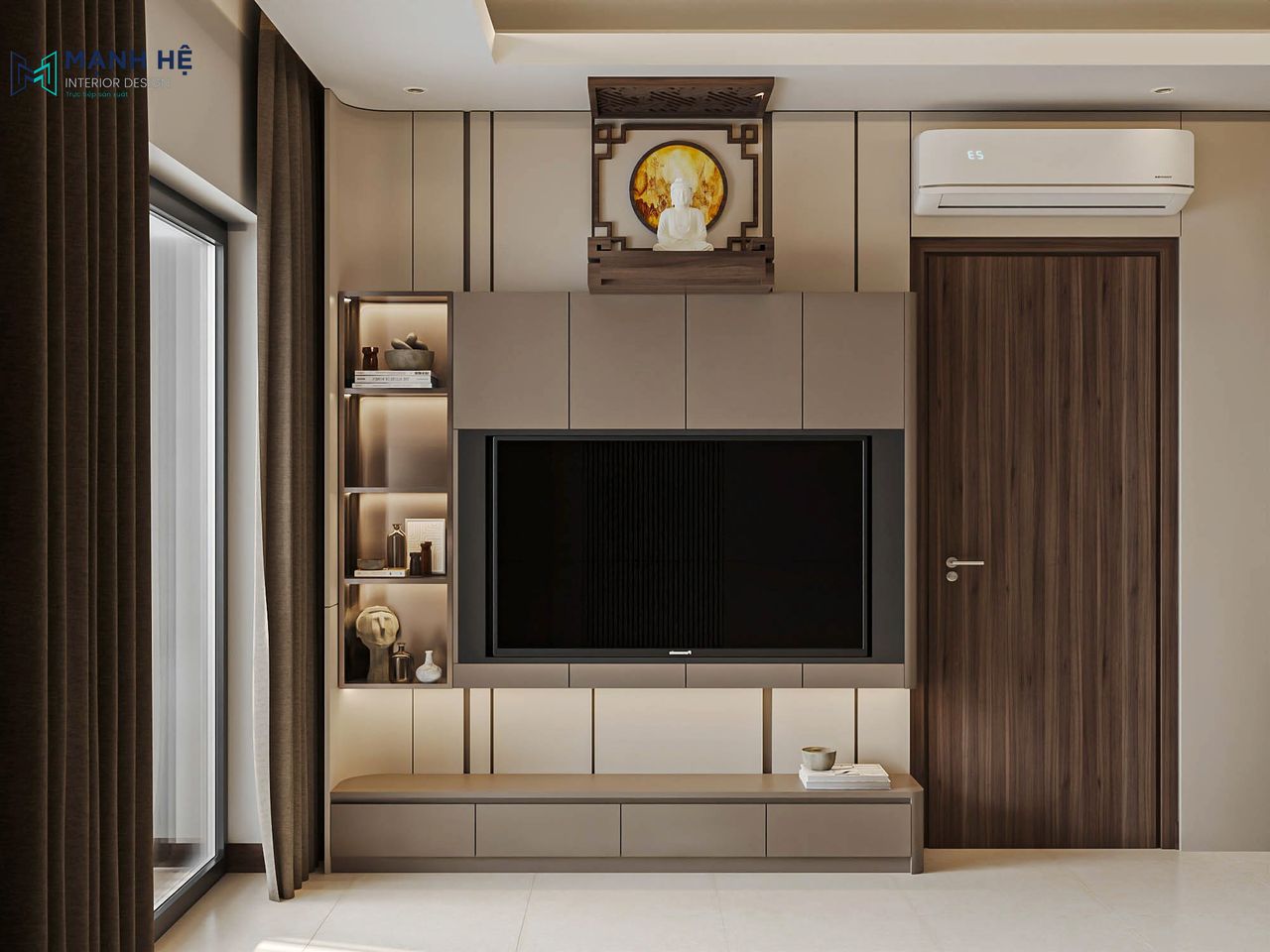 Kệ tivi nổi bật với đèn led lắp đặt âm tủ, tạo hiệu ứng ánh sáng dịu nhẹ, giúp tôn lên vẻ đẹp của không gian