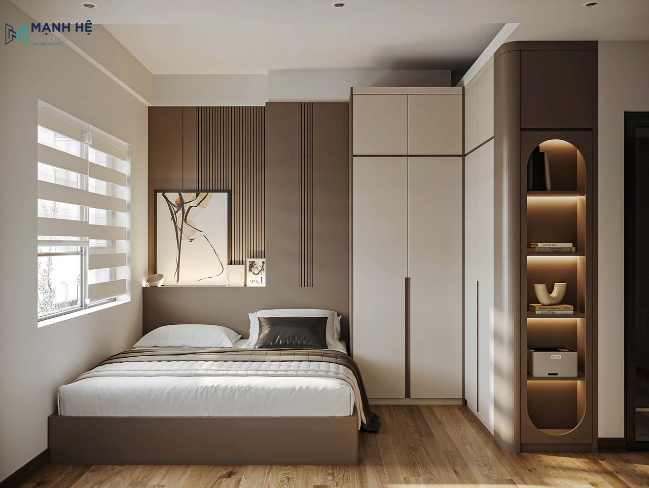 Nội thất phòng ngủ được thiết kế bằng gỗ công nghiệp bền đẹp phủ 2 màu sơn chủ đạo là nâu sáng và trắng mang đến cảm giác ấm áp cho căn phòng