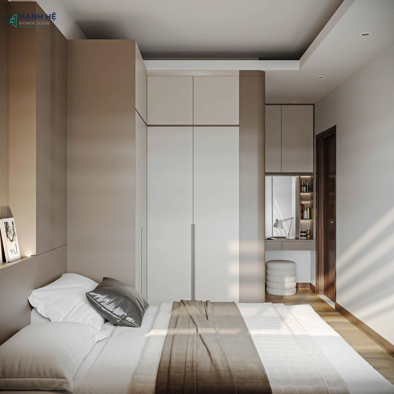 Thiết kế tủ quần áo chữ L kịch trần thanh lịch với 2 gam màu trắng và nâu sáng giúp căn phòng trở nên sang trọng
