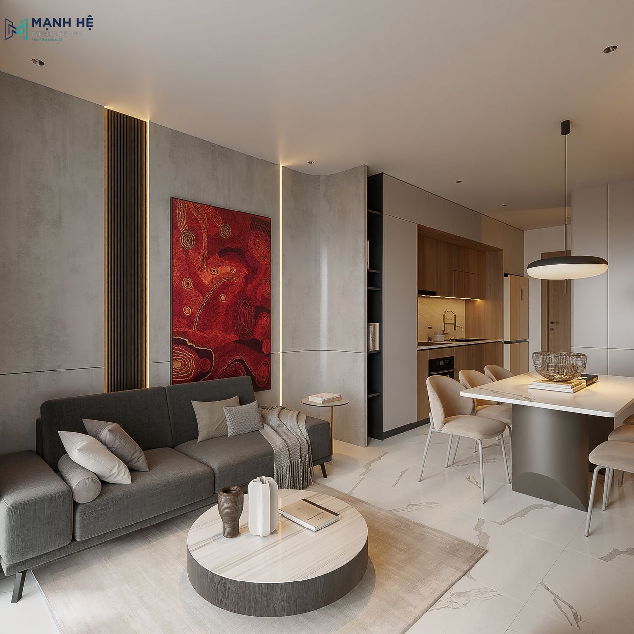 Phòng khách chung cư hiện đại với gam màu xám chủ đạo kết hợp sofa nỉ xám, bàn trà mặt đá và điểm nhấn tranh nghệ thuật đỏ