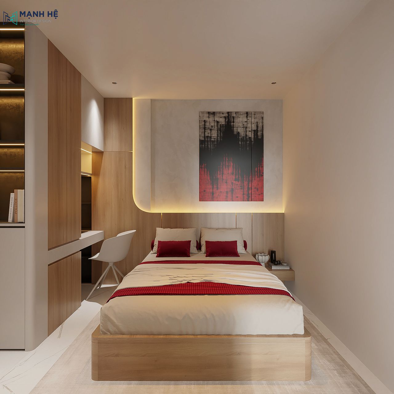 Nội thất phòng ngủ nổi bật với vách ốp đầu giường với thiết kế bo cong tích hợp đèn led và tranh treo tường
