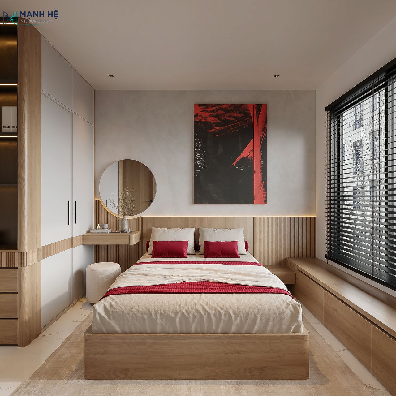 Thiết kế nội thất phòng ngủ với nội thất gỗ, tranh nghệ thuật đỏ và hệ tủ quần áo liền bàn trang điểm