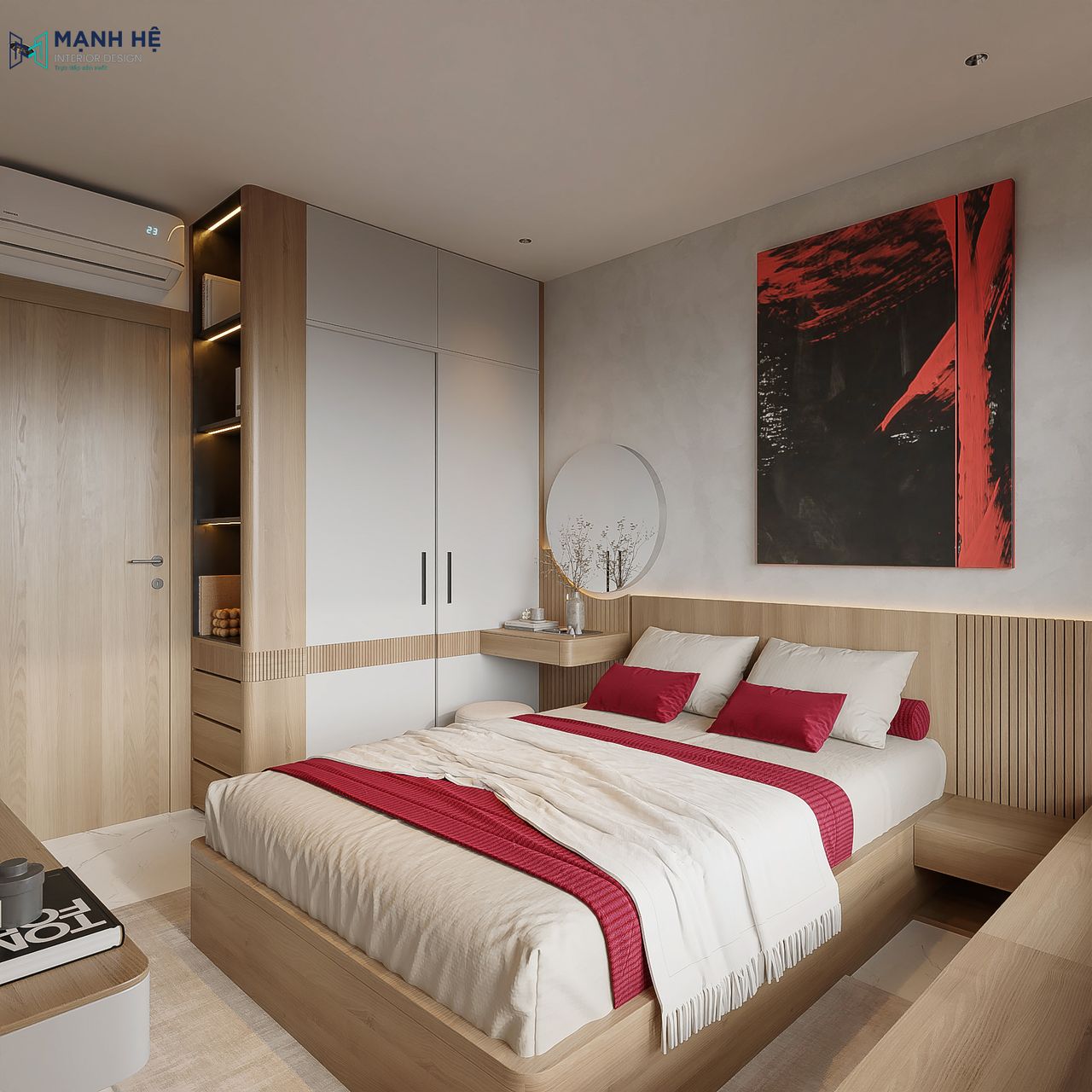 Thiết kế hệ tủ quần áo kịch trần liền bàn trang điểm bằng gỗ tự nhiên kết hợp ánh sáng tự nhiên trong phòng ngủ chung cư