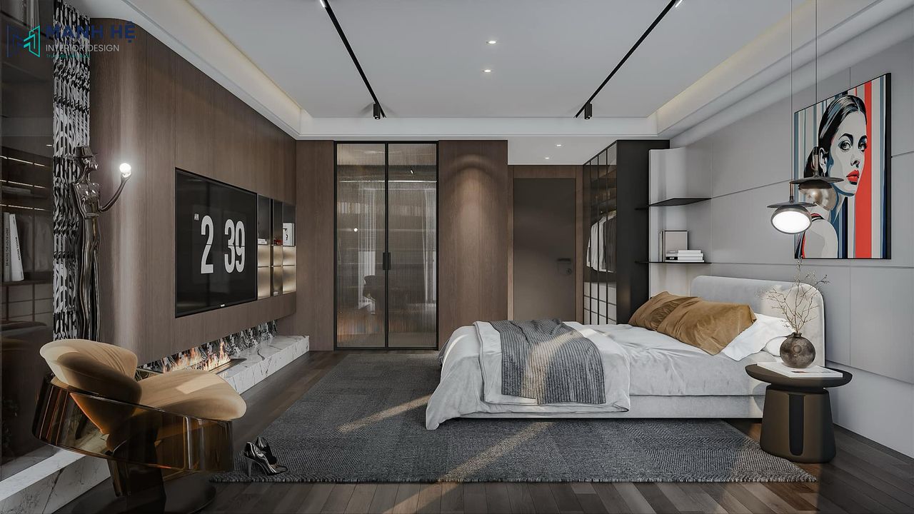 Không gian phòng ngủ 02 vô cùng tiện nghi tích hợp nhiều công năng và sử dụng nội thất gỗ