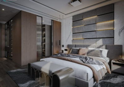 Thiết kế nội thất phòng ngủ 01 nổi bật với vách ốp đầu giường màu xám được tạo hình độc đáo tích hợp đèn led
